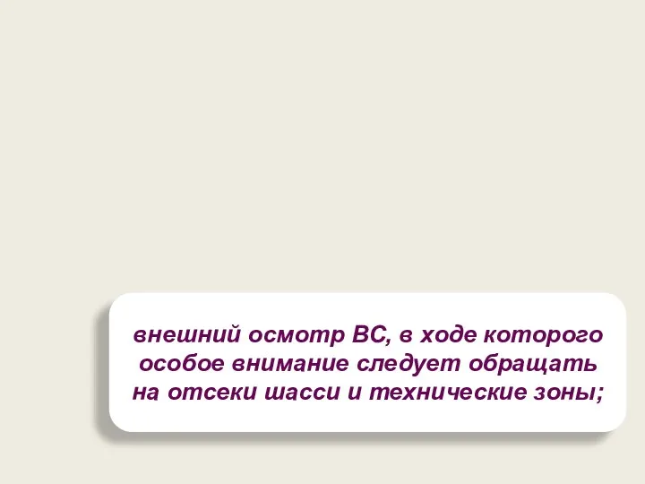 внешний осмотр ВС, в ходе которого особое внимание следует обращать на отсеки шасси и технические зоны;