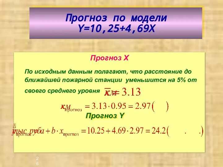 Прогноз по модели Y=10,25+4,69X Прогноз Х По исходным данным полагают, что