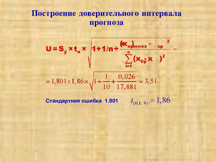 Построение доверительного интервала прогноза Стандартная ошибка 1.801