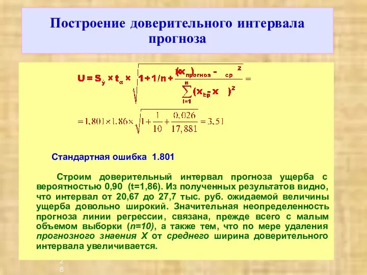 Построение доверительного интервала прогноза Строим доверительный интервал прогноза ущерба с вероятностью