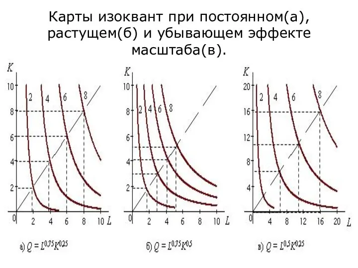 Карты изоквант при постоянном(а), растущем(б) и убывающем эффекте масштаба(в).