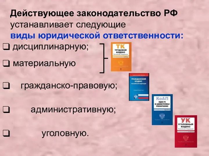 Действующее законодательство РФ устанавливает следующие виды юридической ответственности: дисциплинарную; материальную гражданско-правовую; административную; уголовную.