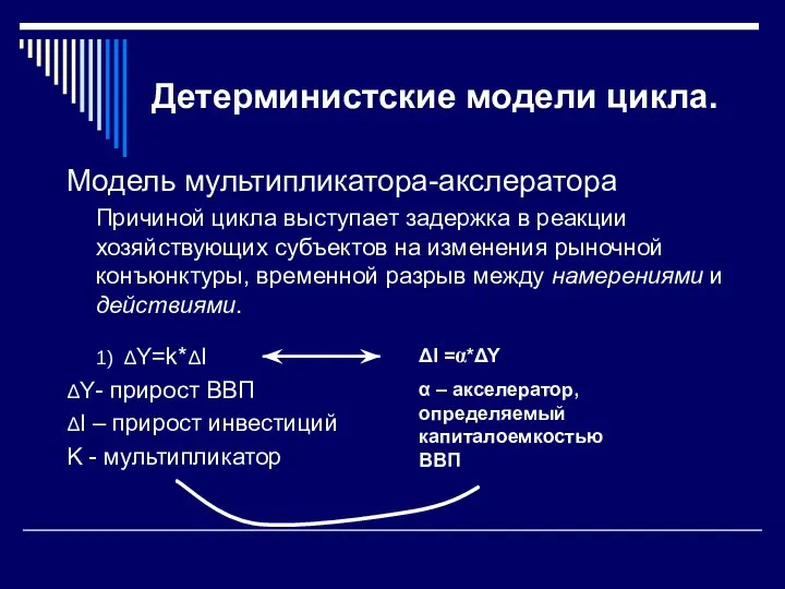 Детерминистские модели цикла. Модель мультипликатора-акслератора Причиной цикла выступает задержка в реакции