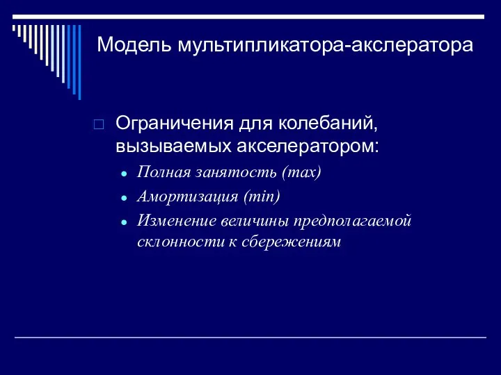 Модель мультипликатора-акслератора Ограничения для колебаний, вызываемых акселератором: Полная занятость (max) Амортизация