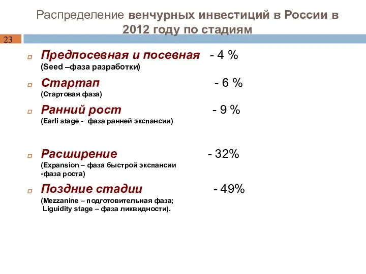 Распределение венчурных инвестиций в России в 2012 году по стадиям Предпосевная