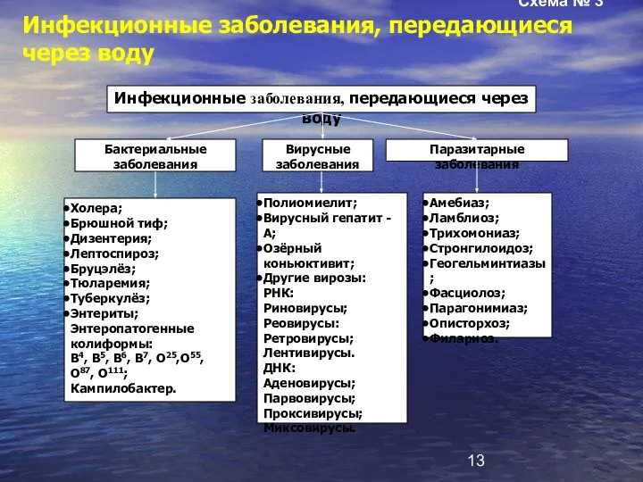 Инфекционные заболевания, передающиеся через воду Бактериальные заболевания Вирусные заболевания Паразитарные заболевания