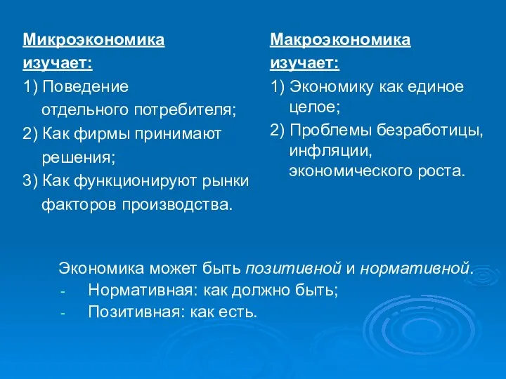 Микроэкономика изучает: 1) Поведение отдельного потребителя; 2) Как фирмы принимают решения;