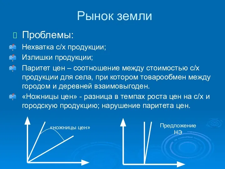 Рынок земли Проблемы: Нехватка с/х продукции; Излишки продукции; Паритет цен –