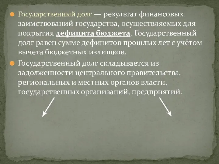 Государственный долг — результат финансовых заимствований государства, осуществляемых для покрытия дефицита