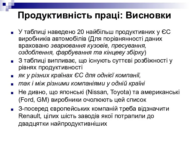 Продуктивність праці: Висновки У таблиці наведено 20 найбільш продуктивних у ЄС