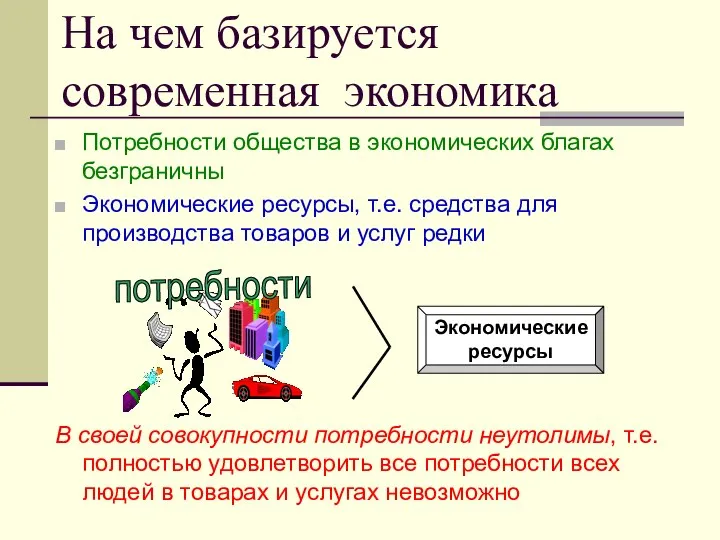 На чем базируется современная экономика Потребности общества в экономических благах безграничны