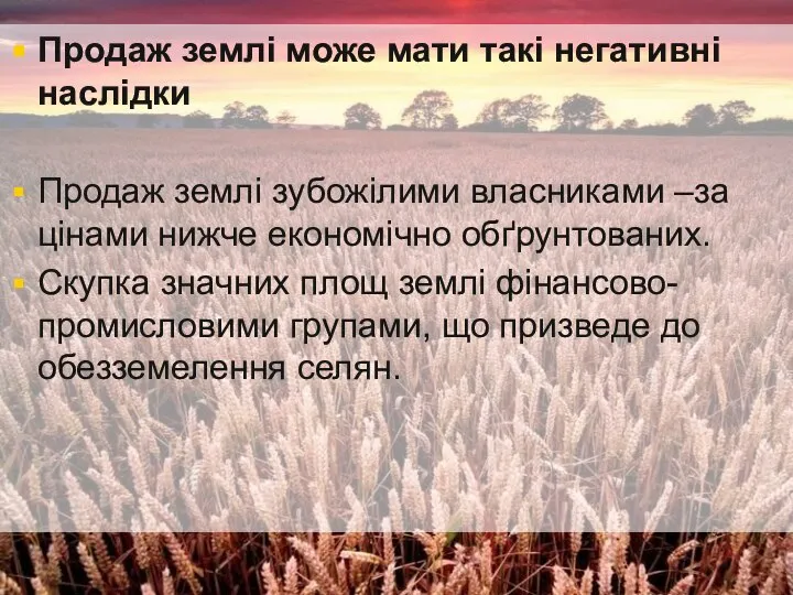 Продаж землі може мати такі негативні наслідки Продаж землі зубожілими власниками