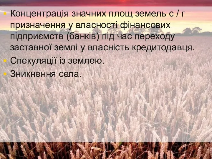 Концентрація значних площ земель с / г призначення у власності фінансових