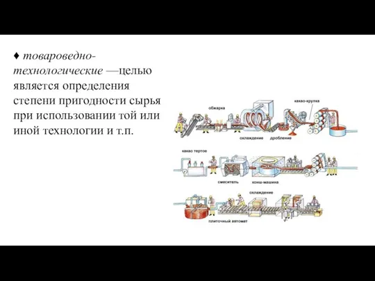 ♦ товароведно-технологические —целью является определения степени пригодности сырья при исполь­зовании той или иной технологии и т.п.