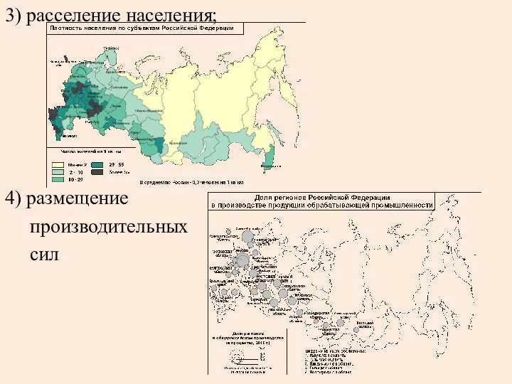 3) расселение населения; 4) размещение производительных сил