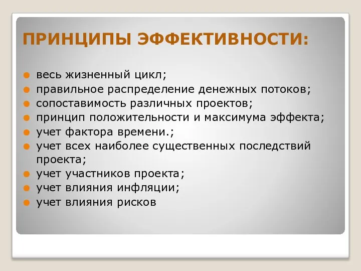 ПРИНЦИПЫ ЭФФЕКТИВНОСТИ: весь жизненный цикл; правильное распределение денежных потоков; сопоставимость различных