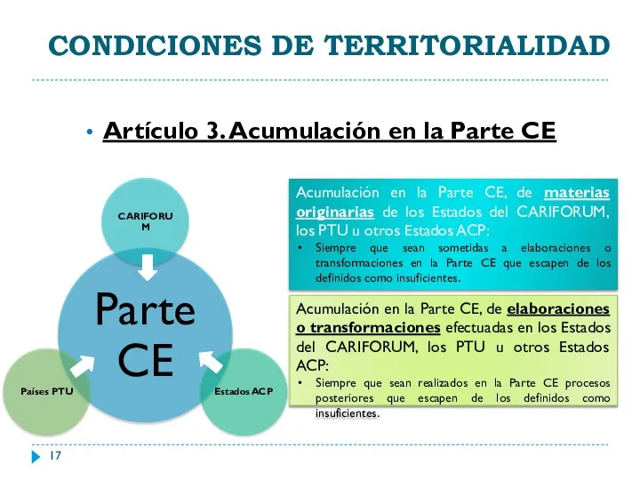 CONDICIONES DE TERRITORIALIDAD Artículo 3. Acumulación en la Parte CE Acumulación