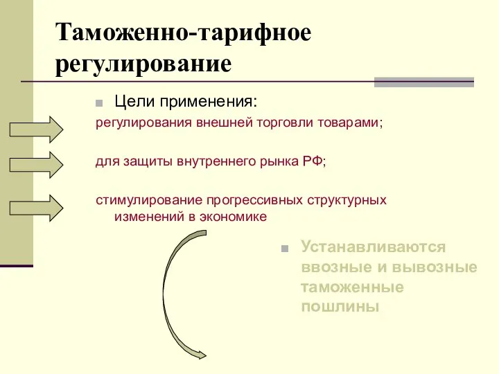 Таможенно-тарифное регулирование Цели применения: регулирования внешней торговли товарами; для защиты внутреннего