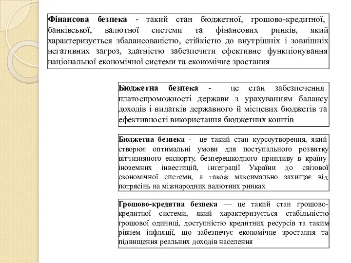 Фінансова безпека - такий стан бюджетної, грошово-кредитної, банківської, валютної системи та