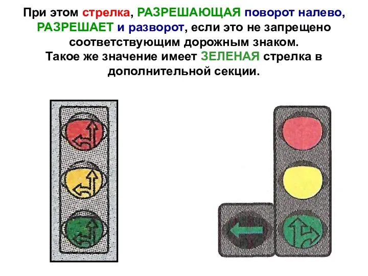 При этом стрелка, РАЗРЕШАЮЩАЯ поворот налево, РАЗРЕШАЕТ и разворот, если это