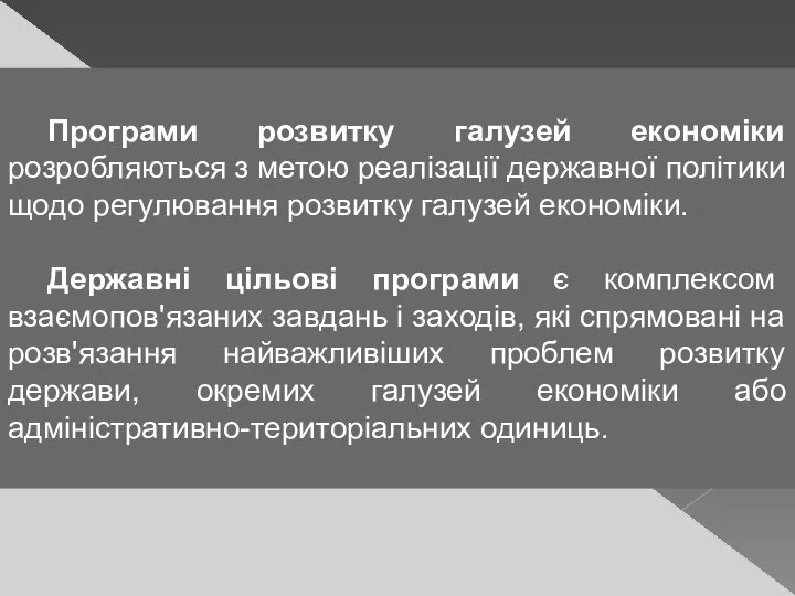 Програми розвитку галузей економіки розробляються з метою реалізації державної політики щодо