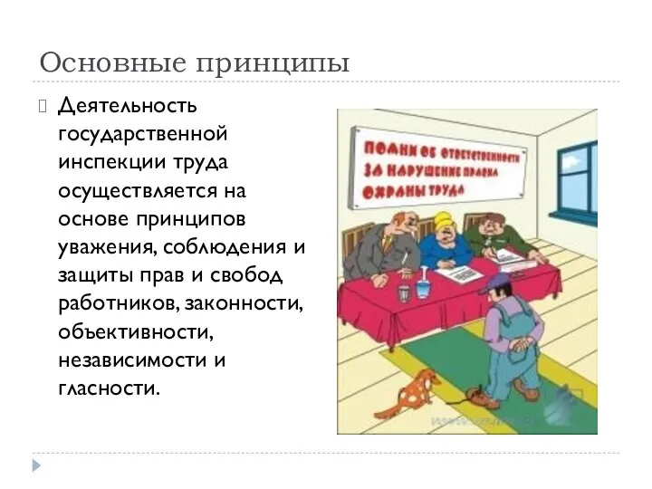 Основные принципы Деятельность государственной инспекции труда осуществляется на основе принципов уважения,