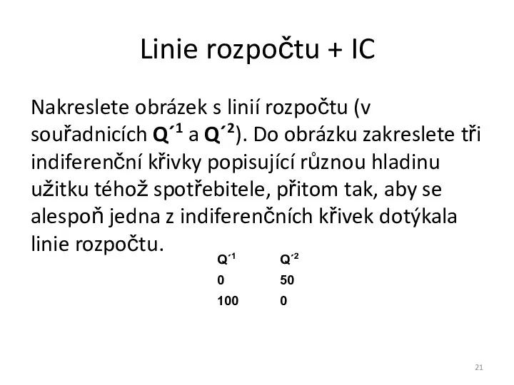 Linie rozpočtu + IC Nakreslete obrázek s linií rozpočtu (v souřadnicích