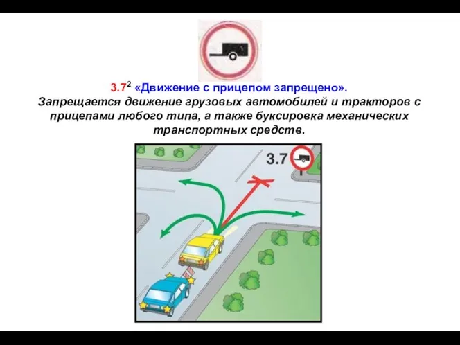 3.72 «Движение с прицепом запрещено». Запрещается движение грузовых автомобилей и тракторов