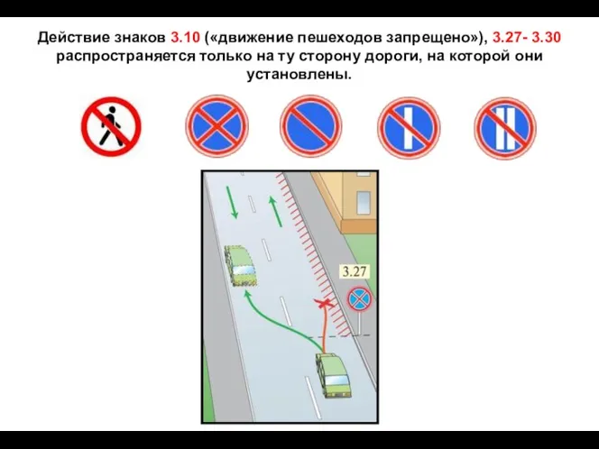 Действие знаков 3.10 («движение пешеходов запрещено»), 3.27- 3.30 распространяется только на