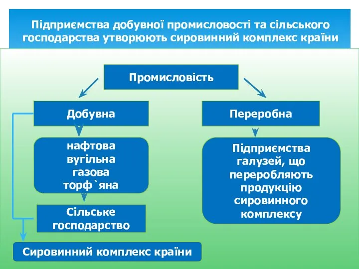 Підприємства добувної промисловості та сільського господарства утворюють сировинний комплекс країни Промисловість