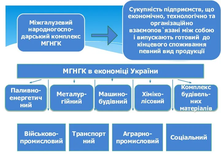 Міжгалузевий народногоспо-дарський комплекс МГНГК Сукупність підприємств, що економічно, технологічно та організаційно