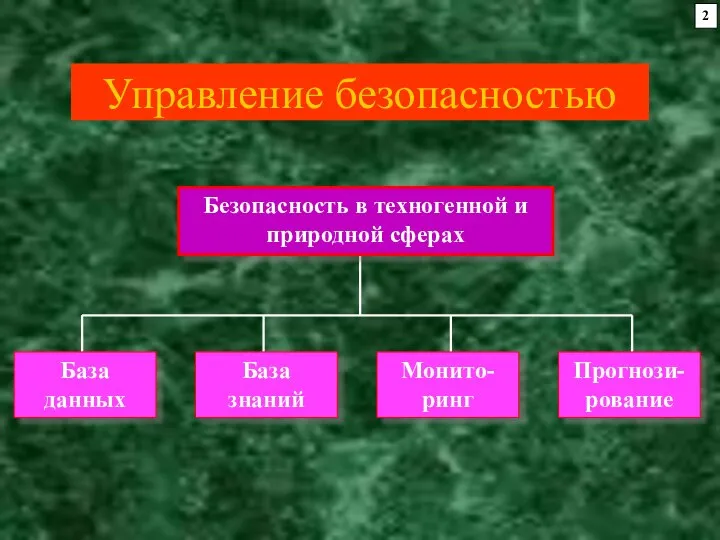 Управление безопасностью Безопасность в техногенной и природной сферах База данных База знаний Монито-ринг Прогнози-рование 2