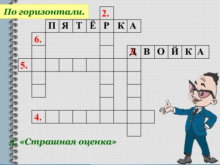 2. 6. 5. 4. 3. По горизонтали. 3. «Страшная оценка» П