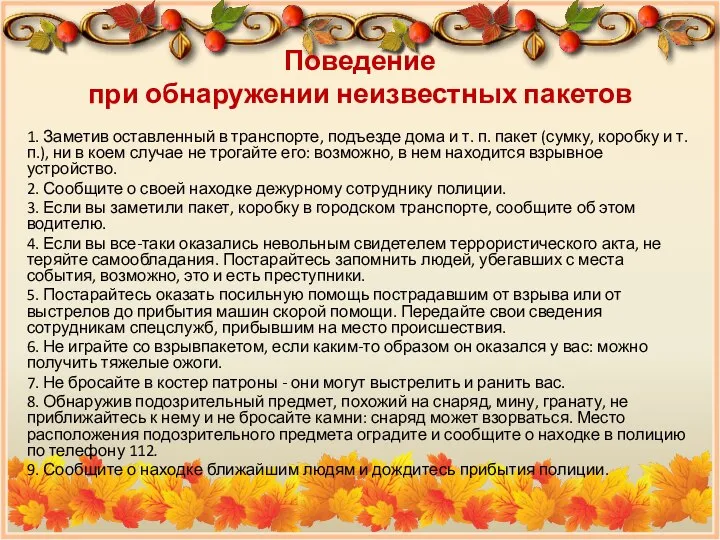 Поведение при обнаружении неизвестных пакетов 1. Заметив оставленный в транспорте, подъезде