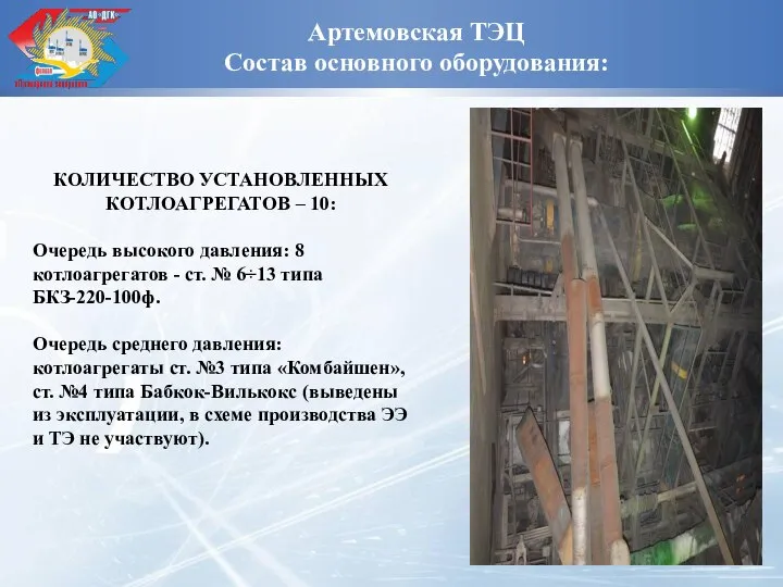 Артемовская ТЭЦ Состав основного оборудования: КОЛИЧЕСТВО УСТАНОВЛЕННЫХ КОТЛОАГРЕГАТОВ – 10: Очередь