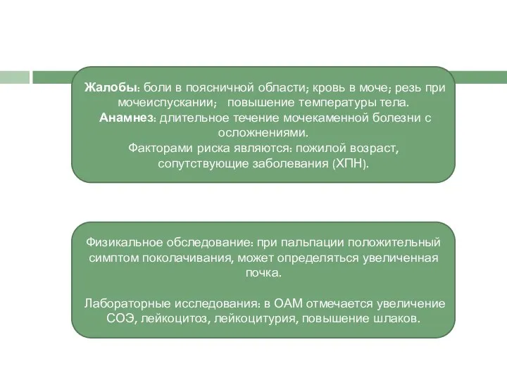 Жалобы: боли в поясничной области; кровь в моче; резь при мочеиспускании;