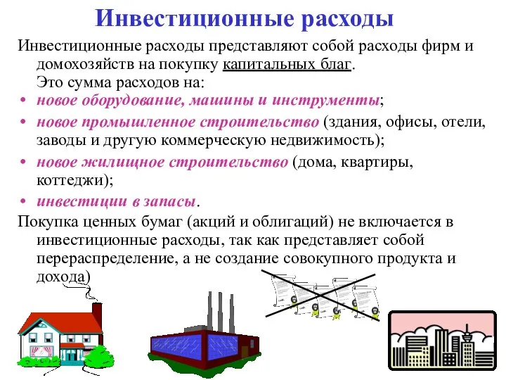 Инвестиционные расходы Инвестиционные расходы представляют собой расходы фирм и домохозяйств на