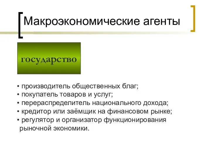 государство Макроэкономические агенты производитель общественных благ; покупатель товаров и услуг; перераспределитель