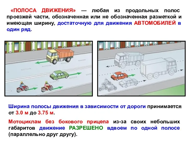 «ПОЛОСА ДВИЖЕНИЯ» — любая из продольных полос проезжей части, обозначенная или