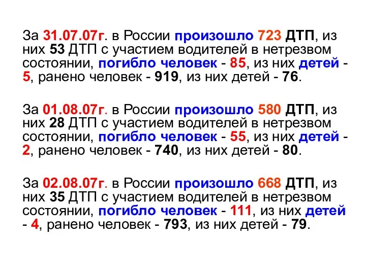 За 31.07.07г. в России произошло 723 ДТП, из них 53 ДТП