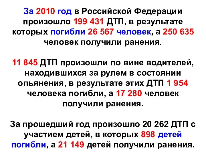 За 2010 год в Российской Федерации произошло 199 431 ДТП, в