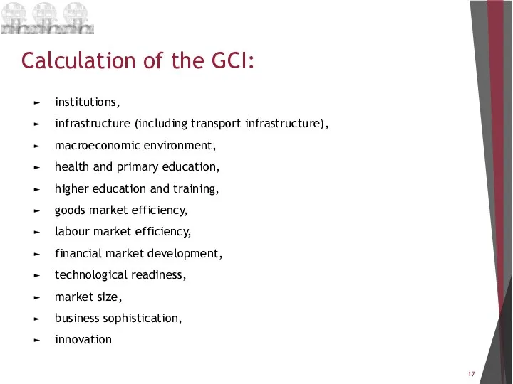 Calculation of the GCI: institutions, infrastructure (including transport infrastructure), macroeconomic environment,