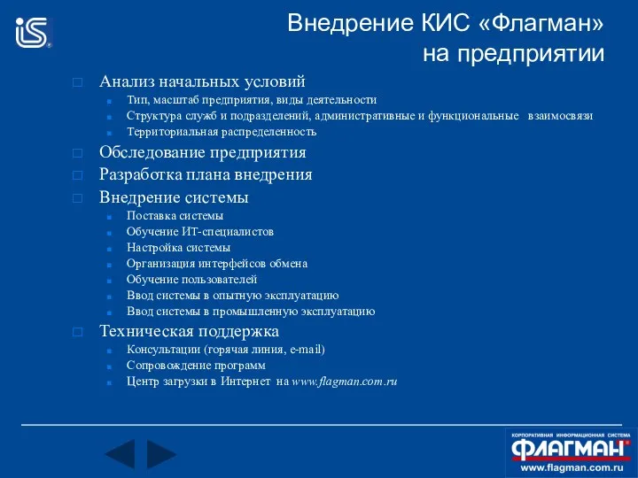 Внедрение КИС «Флагман» на предприятии Анализ начальных условий Тип, масштаб предприятия,