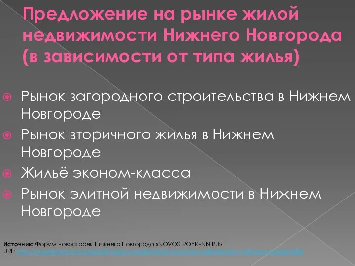 Предложение на рынке жилой недвижимости Нижнего Новгорода (в зависимости от типа