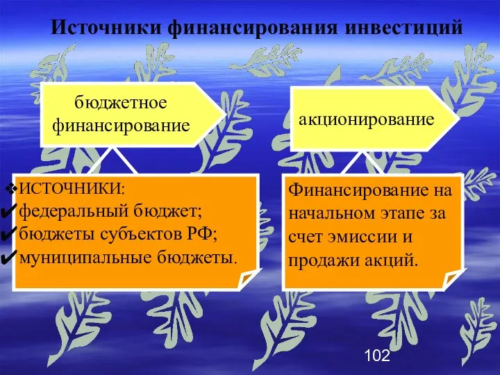 бюджетное финансирование акционирование ИСТОЧНИКИ: федеральный бюджет; бюджеты субъектов РФ; муниципальные бюджеты.