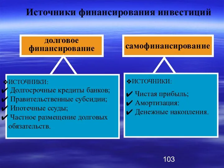 долговое финансирование ИСТОЧНИКИ: Долгосрочные кредиты банков; Правительственные субсидии; Ипотечные ссуды; Частное