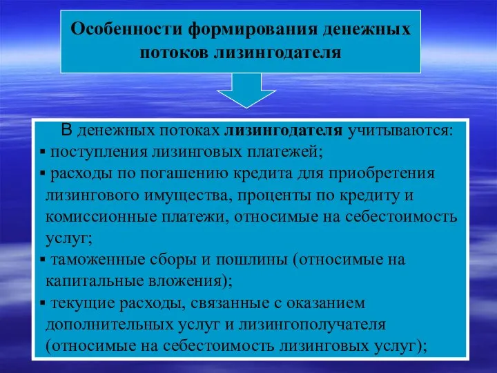 В денежных потоках лизингодателя учитываются: поступления лизинговых платежей; расходы по погашению