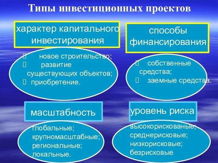 новое строительство; развитие существующих объектов; приобретение. собственные средства; заемные средства. масштабность