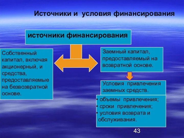 Источники и условия финансирования источники финансирования Собственный капитал, включая акционерный, и