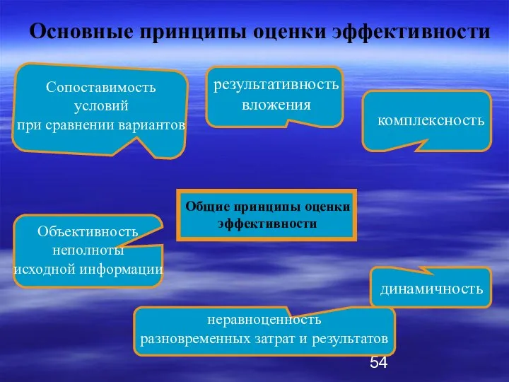 Основные принципы оценки эффективности Общие принципы оценки эффективности результативность вложения комплексность